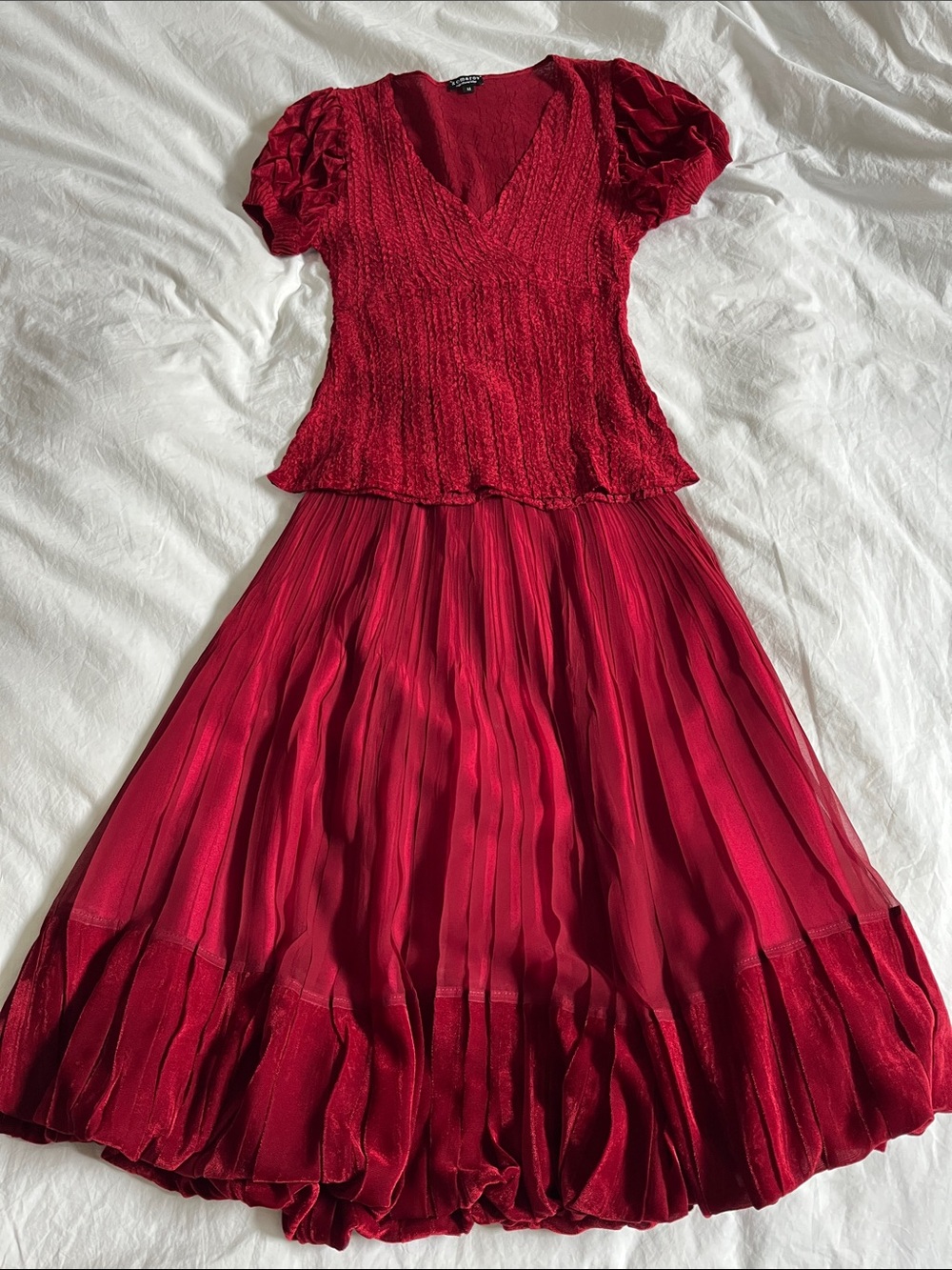 Komarov night and day wine red maroon skirt & babydoll blouse matching set Y2K